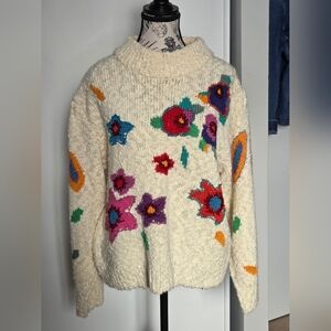 Vintage Floral Knit Sweater Cream Chunky Cottagecore 90s Medium